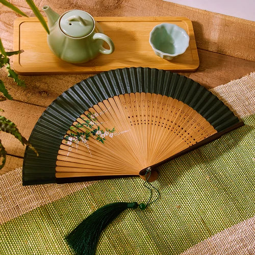 21cm Chinese style retro style green series Cherry Blossom gradient folding fan daily portable dance cheongsam fan Oasis Select 5
