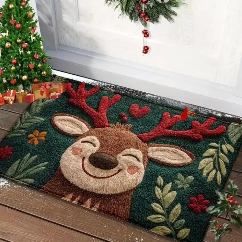 1pc Fluffy Christmas Deer Microfiber Bath Mat - Quick-Dry & Absorbent, Festive Holiday Design With Red Berries & Green Leaves Oasis Select