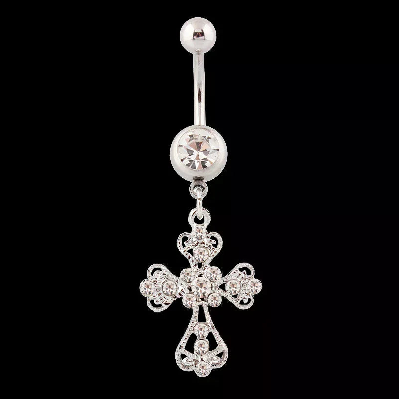 Stainless Steel Cross Pendant Navel Nail Fashion Crystal Rhinestone Belly Button Rings For Women Body Sexy Piercing Jewelry Oasis Select