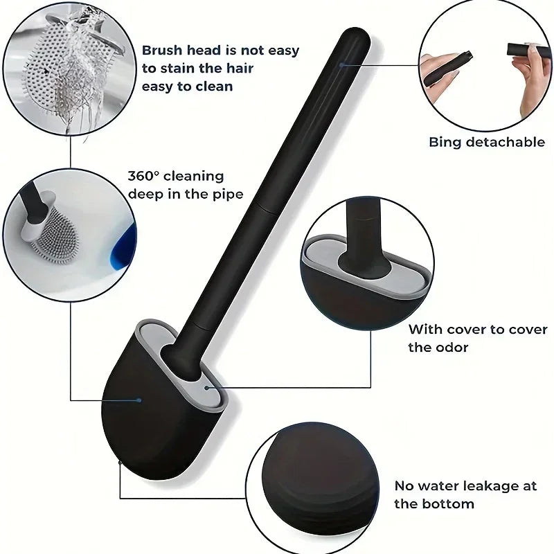 Silicone Toilet Brush Cleaning Brush Flat Head Flexible Wall Mounted Black Toilet Bowl Cleaner Brush Holder Set for WC Bathroom Oasis Select