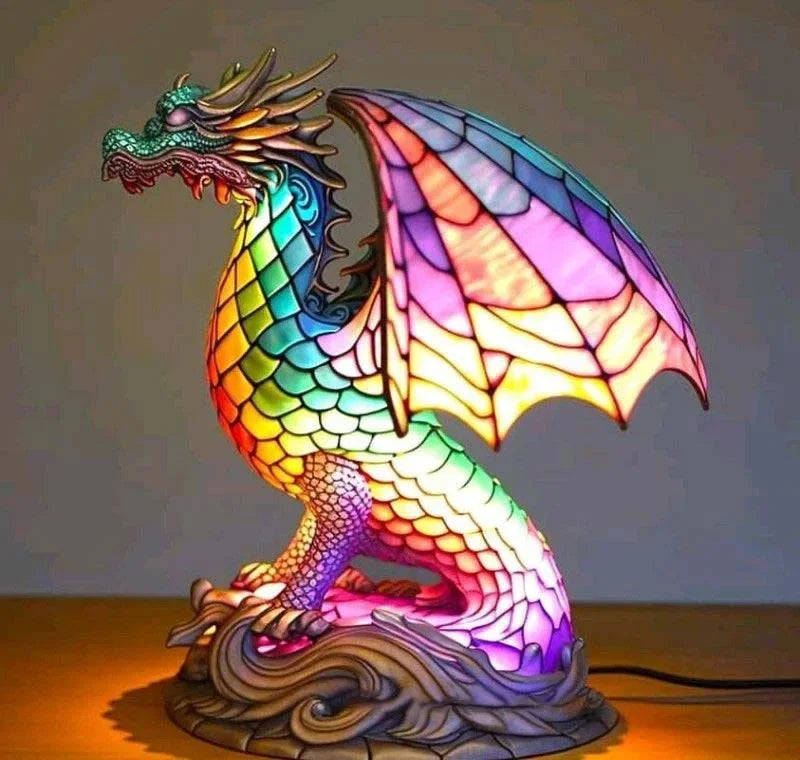 Resin Stained Glass Animal Table Light Night Light Owl Horse Rooster Elephant Table Lamp for Living Room Home Bedroom Decoration Oasis Select Dragon