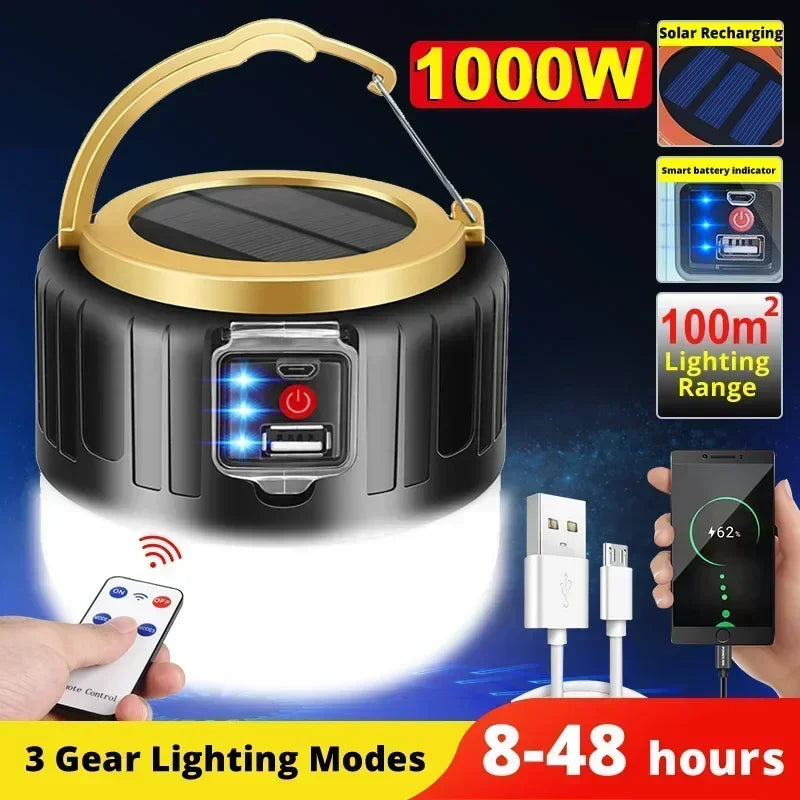 Waterproof Solar LED Camping Light Rechargeable Tent Lamp Portable Lanterns Outdoor Emergency Lights Market Energy Saving Bulb Oasis Select Black