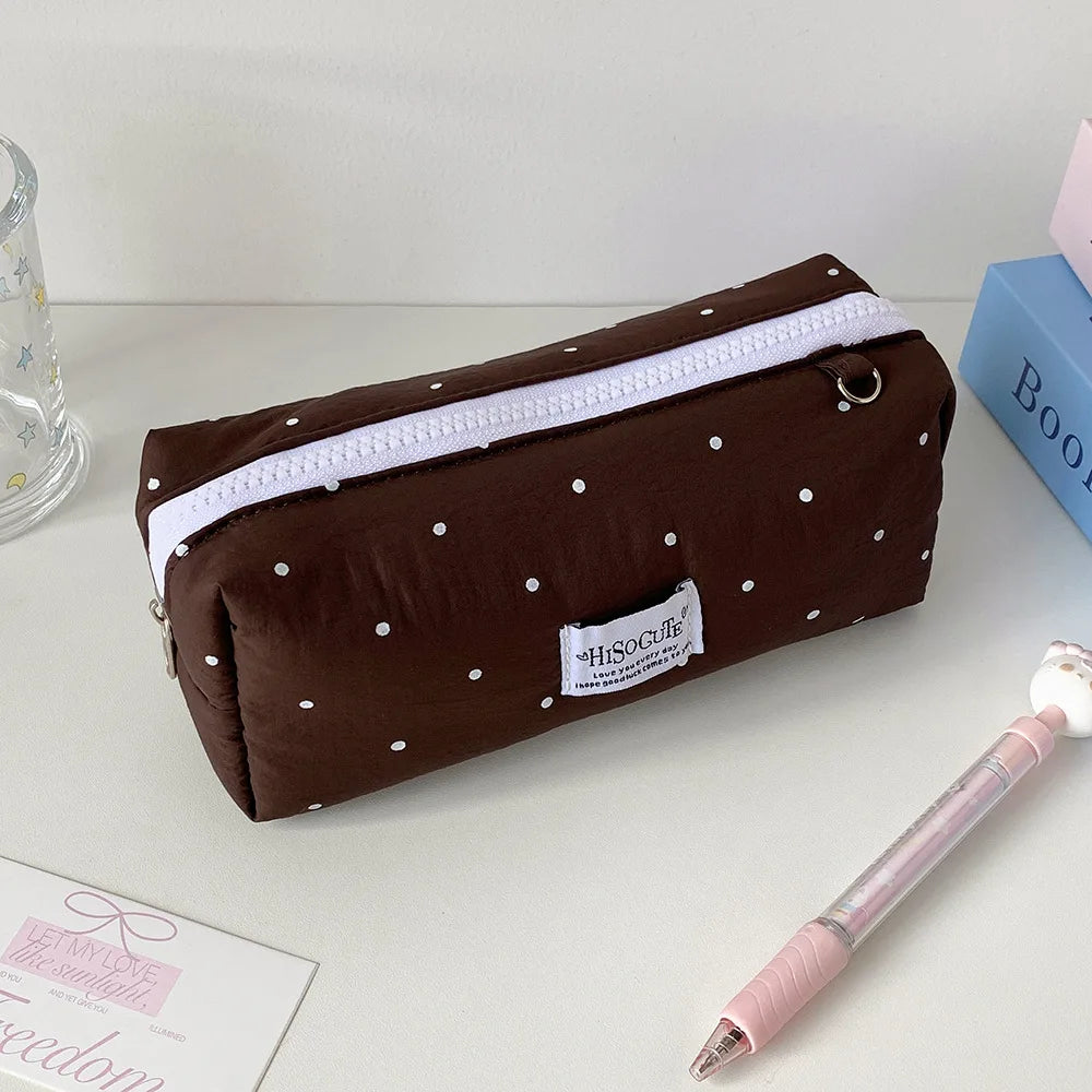 Fashion Korean Polka Dot Solid Color Pencil Case Student Stationery Large Capacity Storage Pen Bag Cute Girl Makeup Bag Gift Oasis Select brown