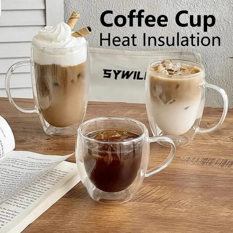 150-450ml Coffee Cup Double Wall Transparent Glass with Handle Double-layer Heat Insulation High Temperature Juice Milk Cup Oasis Select