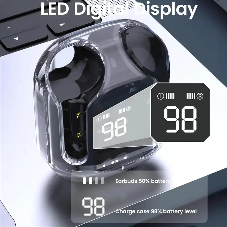 Original T2 Wireless Bluetooth Earphone Transparent HIFI Headphones LED Power Digital Display Stereo Sound Earphones for Phone Oasis Select