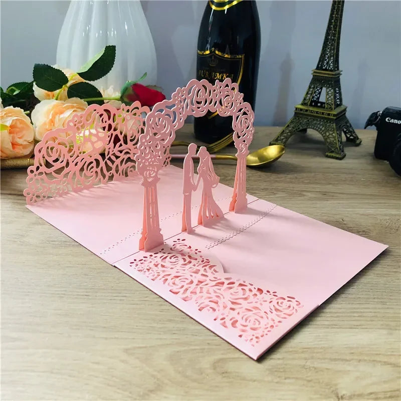 3D Bride and Groom Rose Gold Pop Up Wedding Invitations Laser Cut Greeting Cards Envelope Bridal Shower Invitation Cards Oasis Select Pink