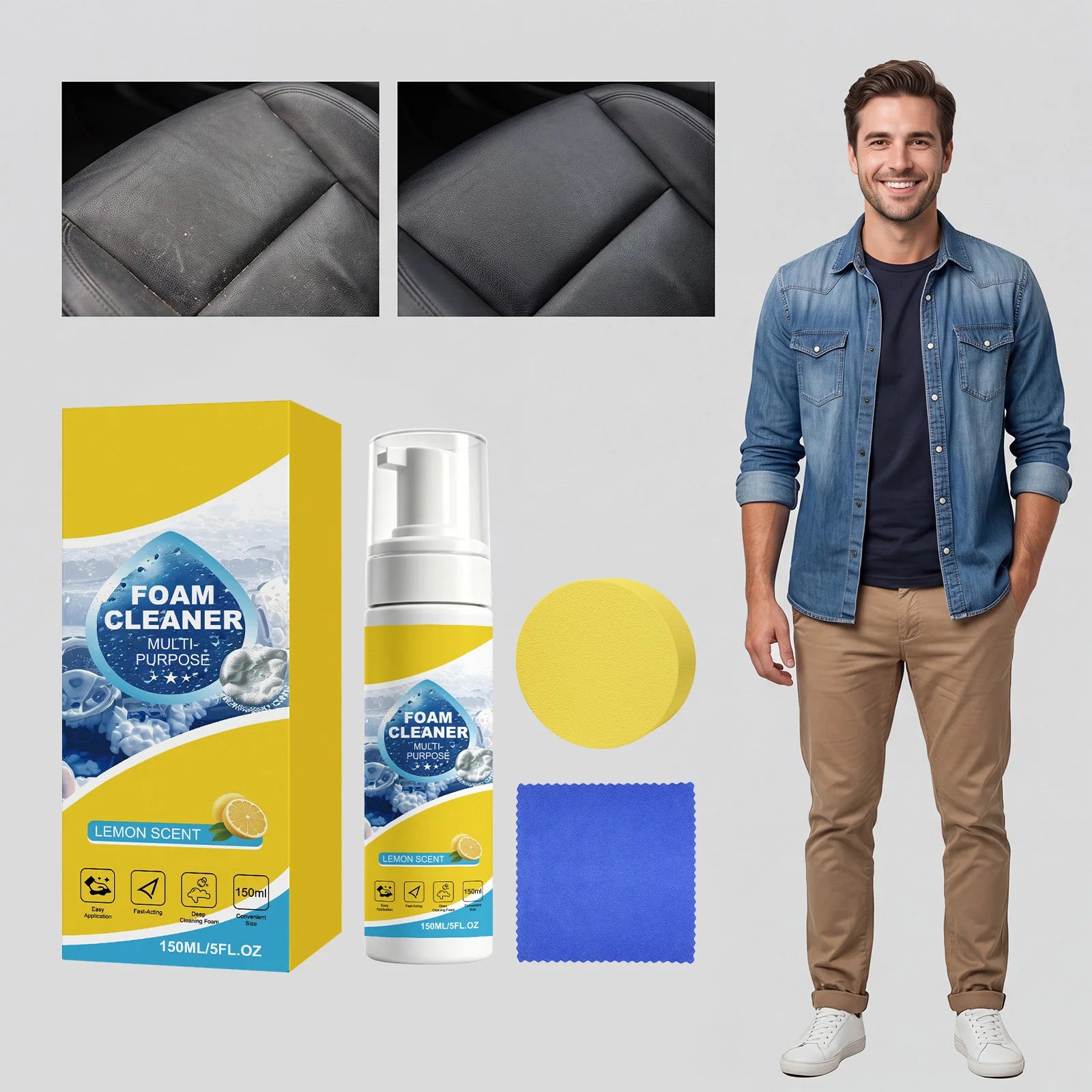 Multi Purpose Foam Cleaner Kit Deep Stain Removal No Scrub Car Interior Exterior Cleaner Dense Foam Quick Dry No Residue 150ml Oasis Select