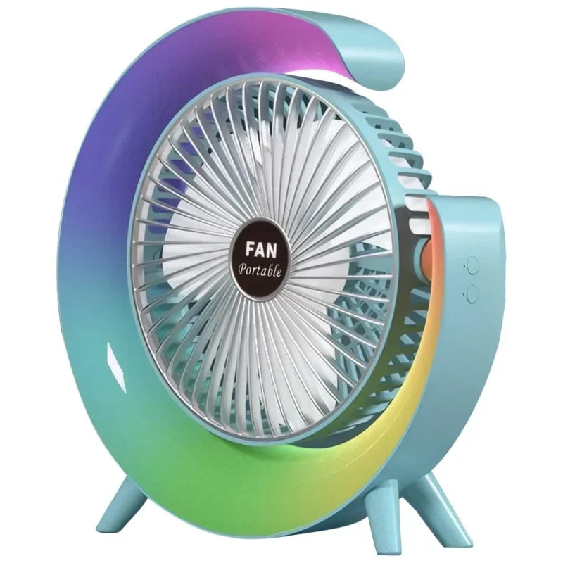 Changing LED Portable Fan USB Rechargeable Mini Desk Fan with Flowing Lights for Home Office Bedroom Travel 3 Speed Quiet Oasis Select Blue-1PC