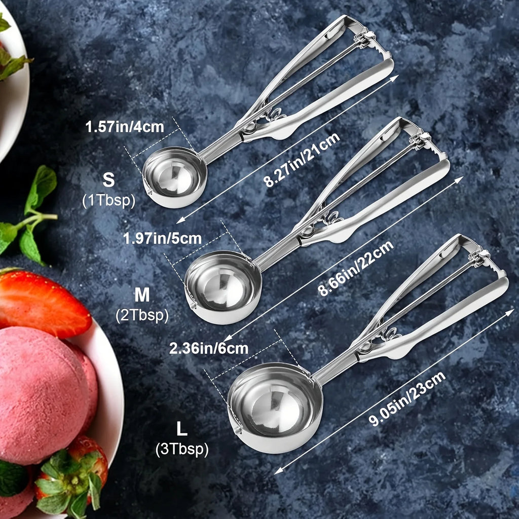 2pcs Stainless Steel Trigger Ice Cream Scoop, 201 Stainless Steel Cookie Dough for Muffins Meatballs Melon Balls Kitchen Tools ﻿ Oasis Select