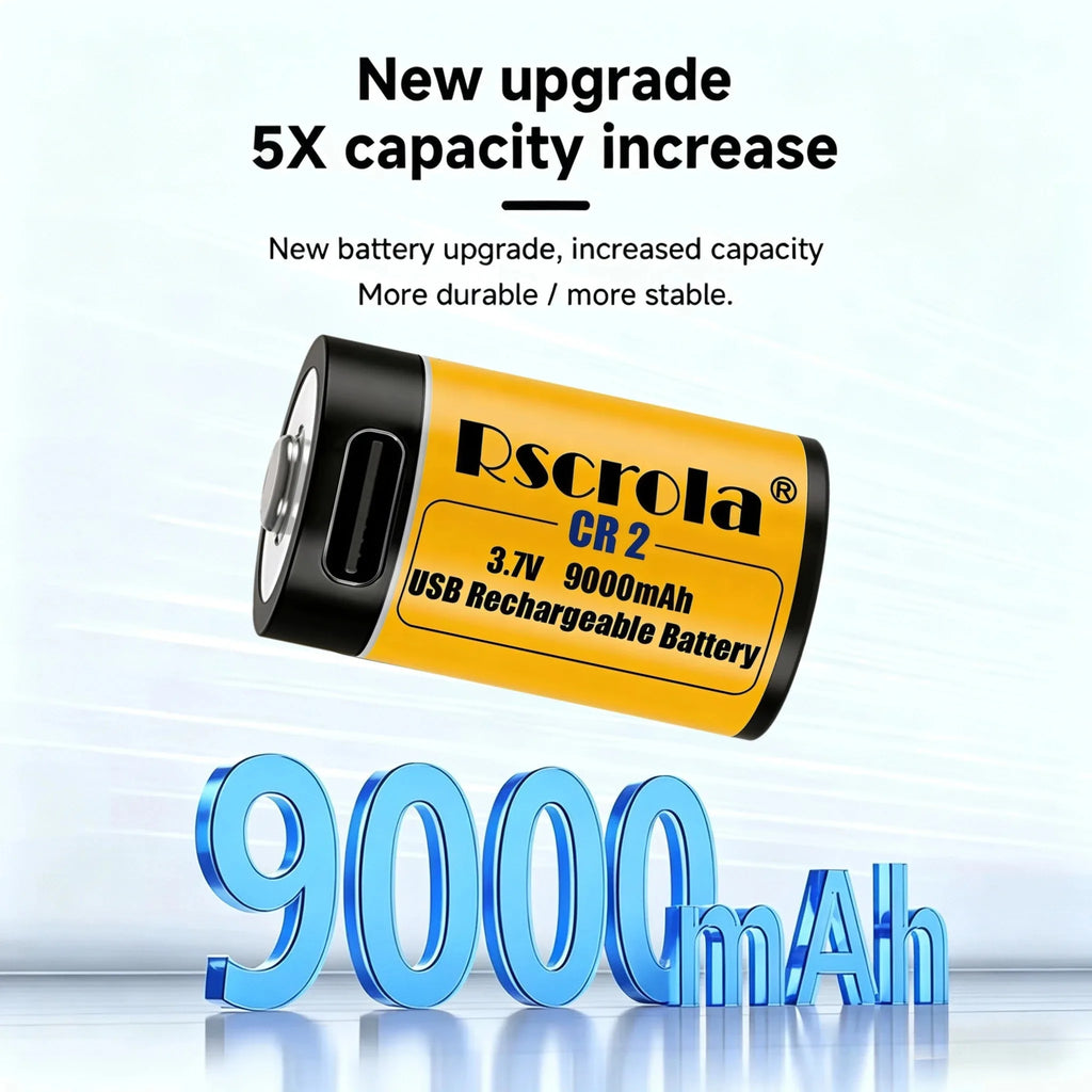 Long-Lasting CR2 Rechargeable Battery 9000mAh 3.7V, High Capacity Li-ion USB Fast Charge for GPS Camera Medical Oasis Select
