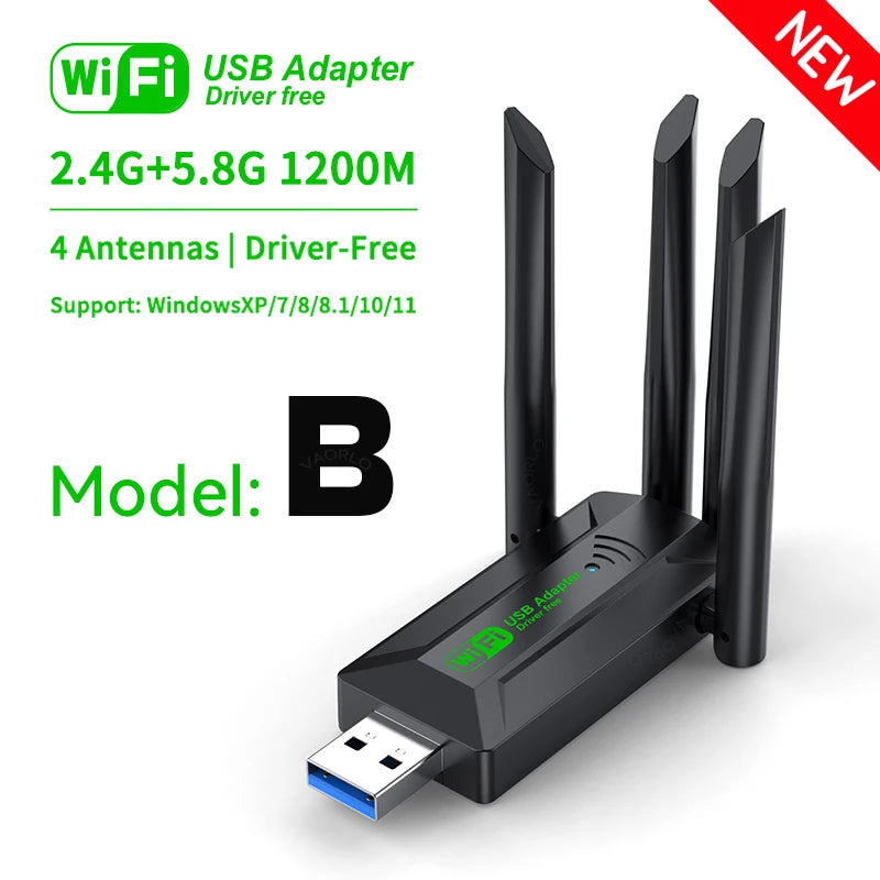 Dual Band 1200Mbps WiFi USB Adapter 2.4G/5.8Ghz Wi-Fi5 Dongle 4 Antenna USB3.0 Wireless Receiver For PC/Laptop No CD Driver Free Oasis Select Model B New