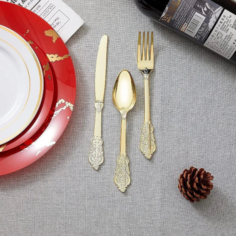 Golden 90pcs Embossed Vintage Plastic Cutlery Set, Dual-Use Knife Fork Spoon Utensils Disposable Cutlery Used for Parties Oasis Select
