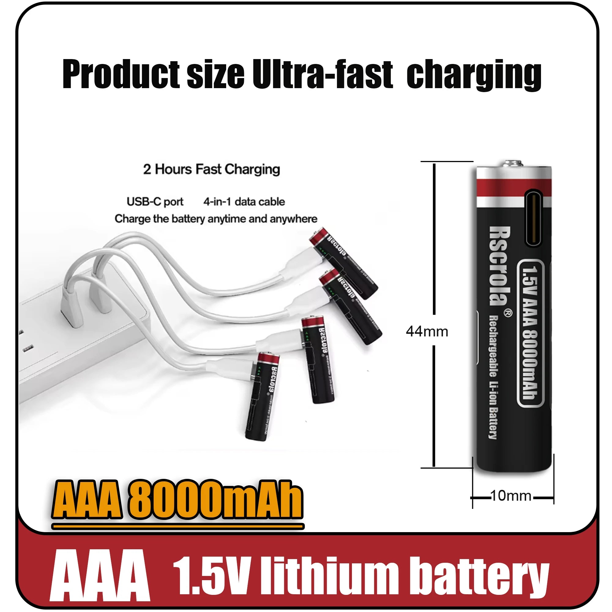 AAA 1.5V 8000mAh Lithium Batteries USB Rechargeable AAA Battery with 4-in-1 USB Cable for Toys Camera Flashlight Oasis Select