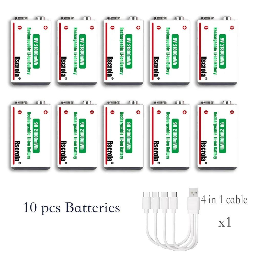 21800mWh High Capacity Rechargeable 9V Lithium ion Battery with USB-C for Guitar Microphone Smoke Detector Pedal with Cable Oasis Select 9v 10 pcs 9v Batteries