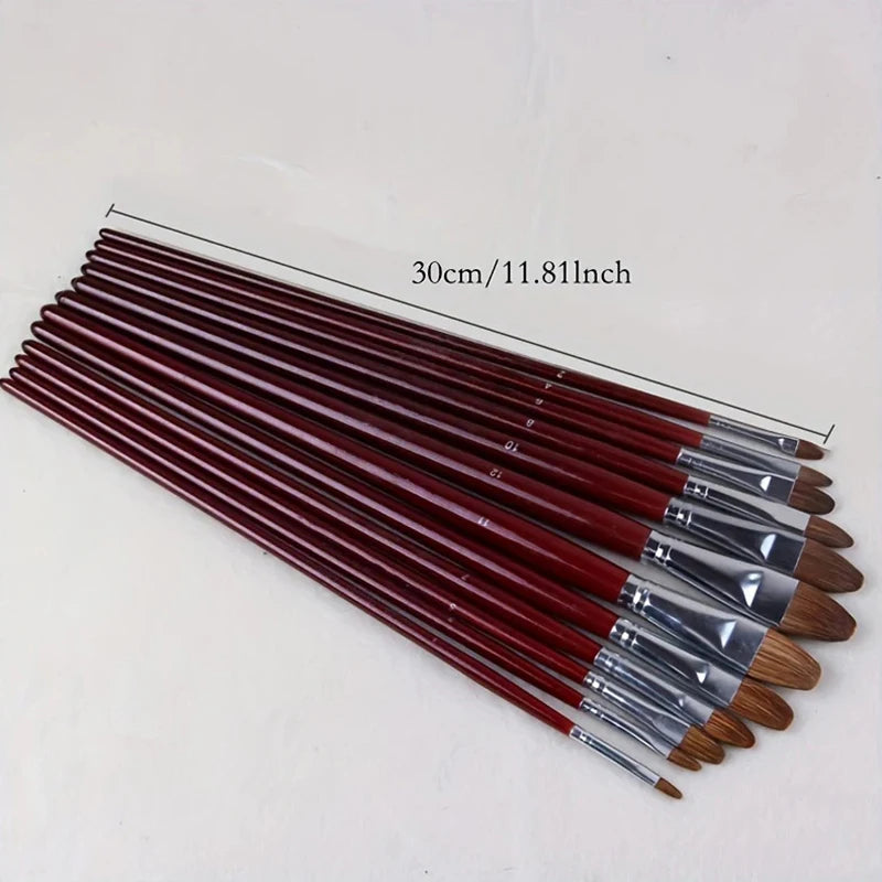 12pcs/Set High-grade Weasel Hair Oil Painting Brush Hazel Shap Row Pen Long Birch Rod Acrylic Drawing Art Supplies Artist Supply Oasis Select 12pcsset