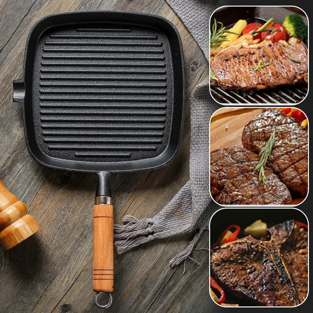 Cast Iron Grill Pan Non-Stick Square Skillet with Drip Spout with Wooden Handle for Indoor & Outdoor Grilling Oasis Select