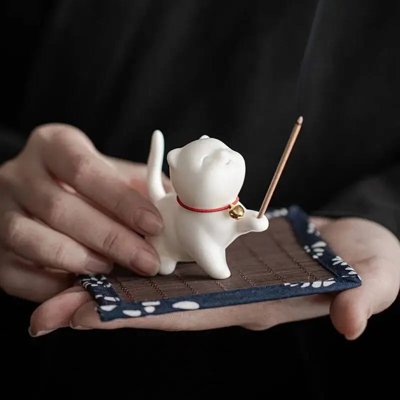 Ceramic Kitten Tea Pet Incense Holder Hand-Painted Zen Desk Decor Stick/Cone Incense Meditation Spiritual Aromatherapy Oasis Select