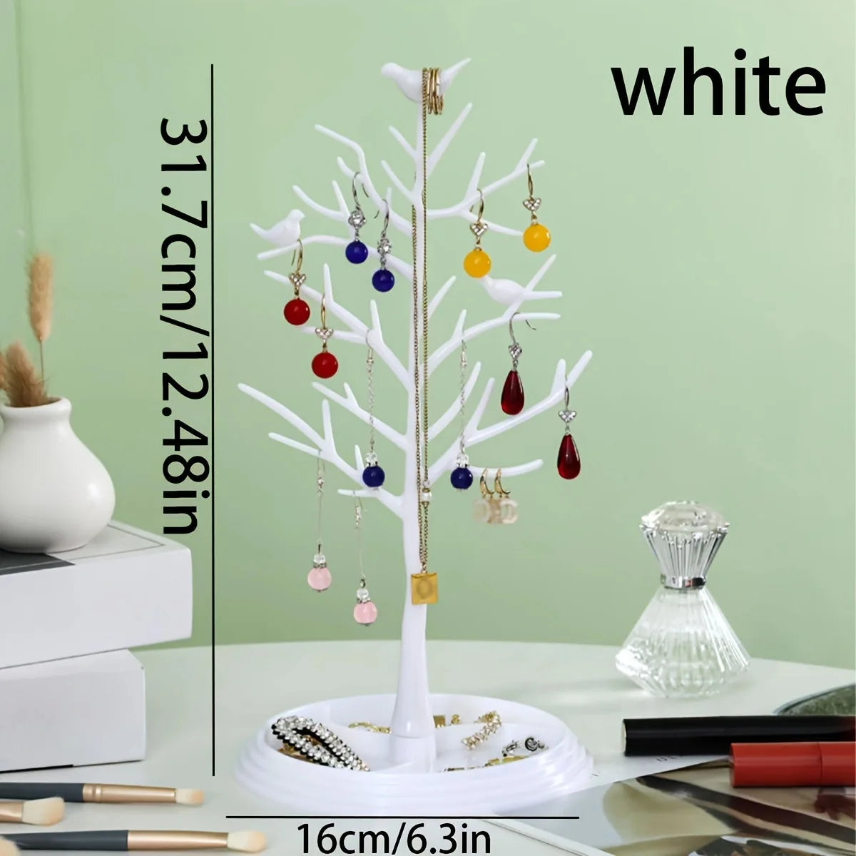 1pc,Tree shaped jewelry display stand with tray, earrings, necklaces, rings, jewelry storage rack, desktop jewelry tower Oasis Select WHITE