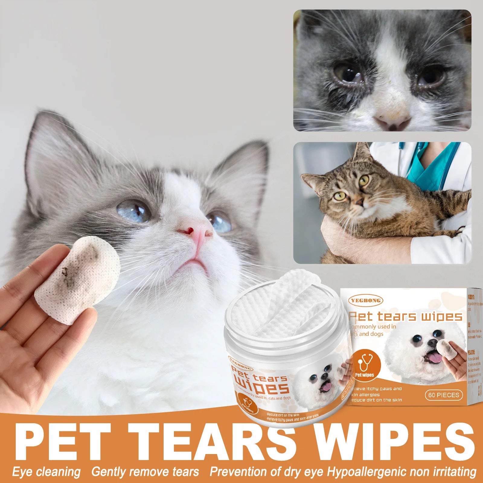 Pet Wipes for Dog Cat Eye Cleansing Remove Tear Stains Wipe Away Eye Droppings and Grime Non-irritating Cotton Pads 60PCS Oasis Select