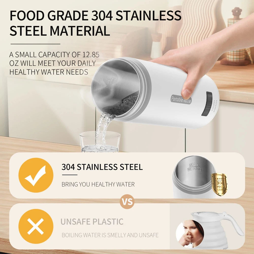 Portable Electric Kettle For Travel Stainless Steel Mini Kettle Electric Water Bottle Thermal Cup For Tea Coffee Boil Hot Water Oasis Select