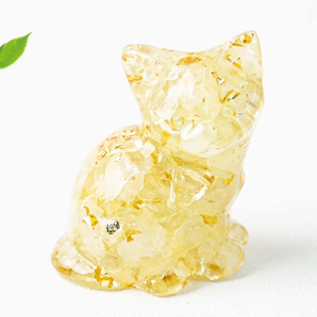 Natural Crystal Gravel Resin Sitting Turning Face Cat Figurine With Gold Foil Cute Desktop Decor For Home Office Oasis Select Light Yellow Clear