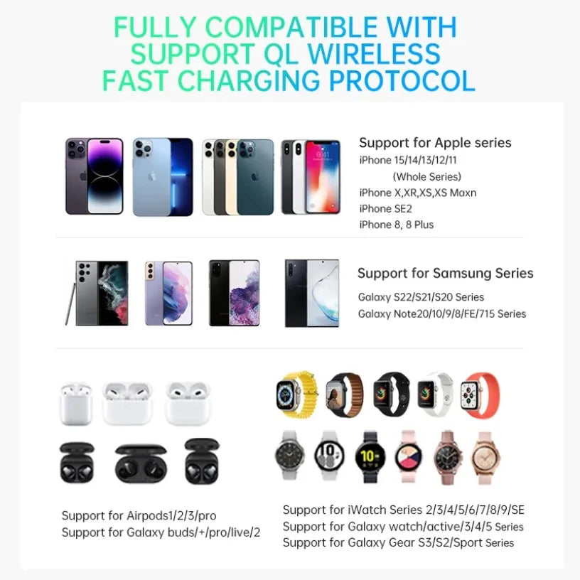 QI2 Wireless Charging Station for Apple / Samsung 3 in 1 Charger Stand Dock for iPhone 12-16 AirPods Apple Watch 10 9 8 7 6 5 Oasis Select