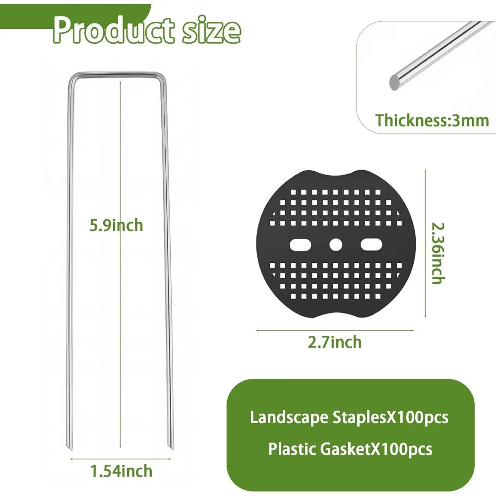 100-200Pcs U-shaped Ground Pegs with Buffer Washers Garden Pegs for Securing Weed Landscape Fabric Netting Garden Lawn Accessory Oasis Select