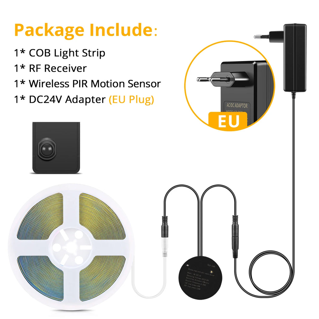 COB 24V LED Strip Wireless PIR Human Motion Sensor LED Night Light RF Reciever Smart Induction Lamp For TV Kitchen Cabinet Stair Oasis Select One Sensor Switch-EU Neutral White DC24V|10m