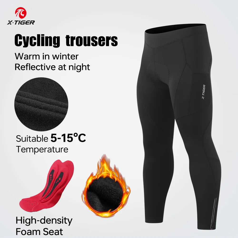 X-TIGER Men's Winter Cycling Pants Autumn Sponge Pad Shock Absorption Bicycle Trousers Keep Warm Long CyclingTights With Pockets Oasis Select