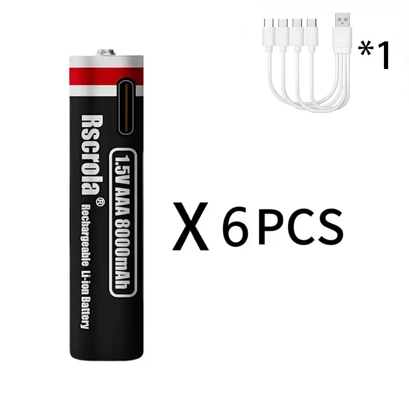 New 1.5V AA13600mAh/AAA8000mAh USB Type-C Rechargeable Lithium Battery for Mouse， Cameras, Electric Toothbrushes, Shavers Oasis Select 6 AAA8000 1.5V