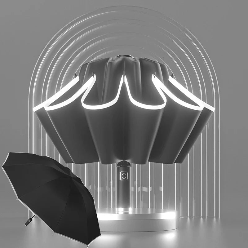Umbrella Windproof Strong With Reflective Stripe Reverse Automatic Fold Umbrella UV Umbrella Insulation Portable Parasol Big Oasis Select black-1pcs 10K