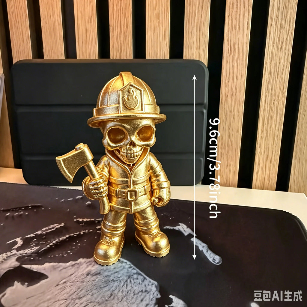 Axe Skeleton Firefighter Figurines Gothic Fireman Statue Whimsical Skull Firefighter Ornament for Home Office Desktop Decor Gift Oasis Select Axe gold 9.6x5.8x4.4cm