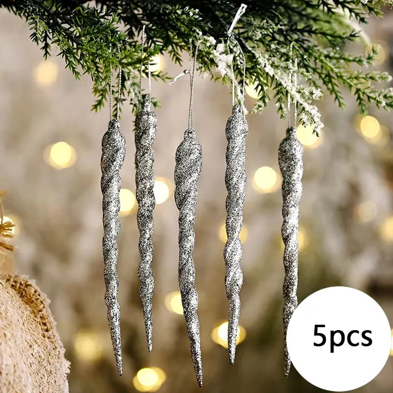 5pcs Christmas Decoration Simulation Ice Xmas Tree Hanging Ornament DIY Fake Icicle for Wedding Winter Party Decor New Year Oasis Select silver