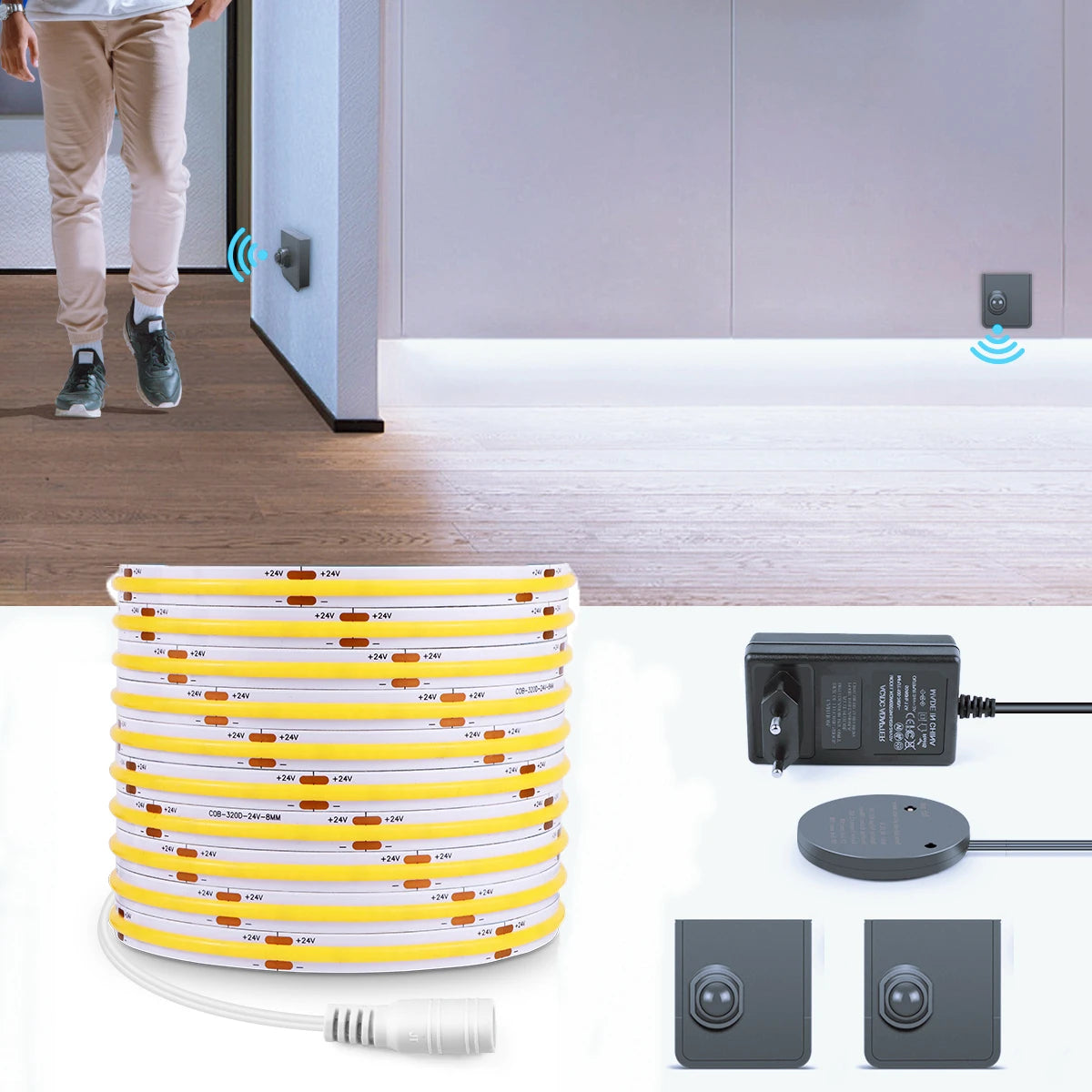 24V COB LED Strip Light with PIR Motion Sensor Movable Disassemble Switch Rechargeable RF Reciever Bed Hallway Stair Night Lamp Oasis Select