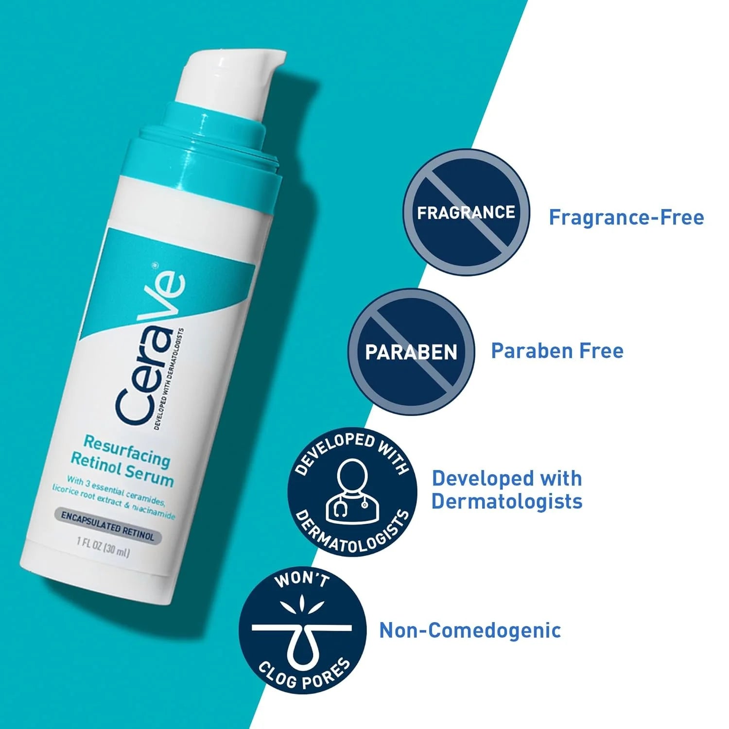 CeraVe Retinol Serum Niacinamide Licorice Root, Skin Smoothing Tone Care, Barrier Repair, Non-Comedogenic For Blemish Prone Skin Oasis Select