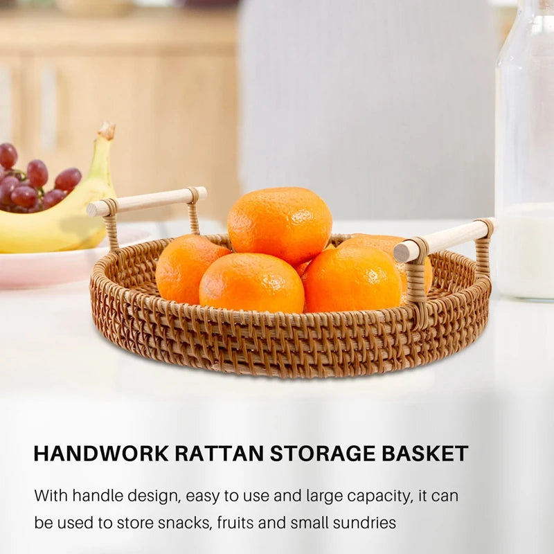 WISH Rattan Storage Tray, Round Basket With Handle, Hand-Woven, Rattan Tray Wicker Basket Bread Fruit Food Breakfast Display L Oasis Select