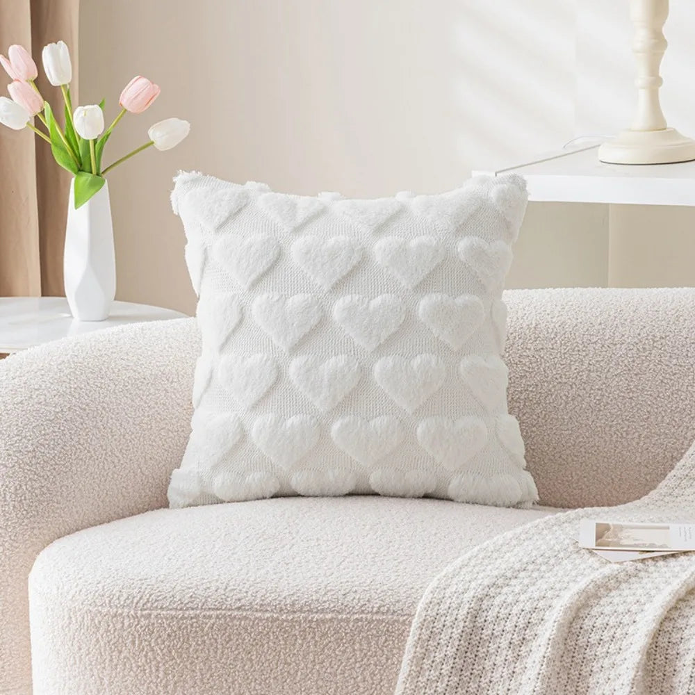 Heart Embroidery Pillow Cover 45x45cm | Soft Sofa Cushion Case