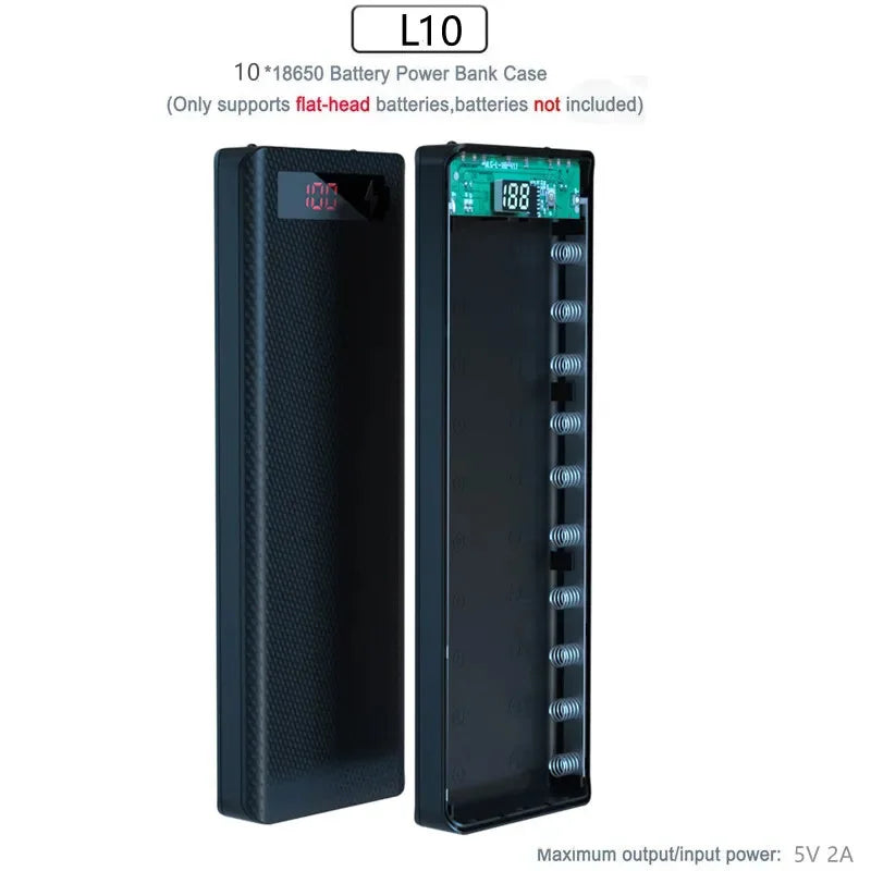 8/10*18650 Power Bank Battery Box Holder Portable Dual USB Type C Charge Shell for iPhone Xiaomi Huawei 18650 Battery Cases Oasis Select 10 Slot Black