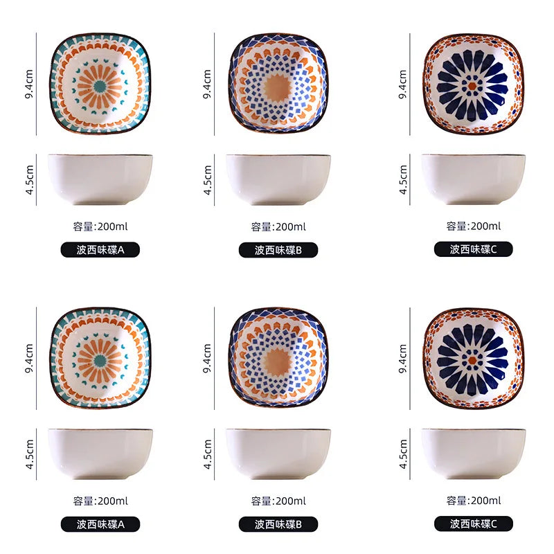 6pcs Ceramic Bohemian Spice Dish, Salad Bowl, Snack Dish, Fruit Platter for Home Restaurant, Party Gathering, BBQ Sauce Dish Oasis Select 6Pcs Set