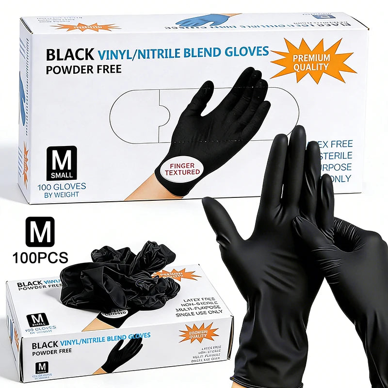 100PCS Disposable Nitrile Gloves Food Contact Thick Durable Suitable Strong Elasticity Gloves For Kitchen Garden Tattoo Beauty Oasis Select M Black