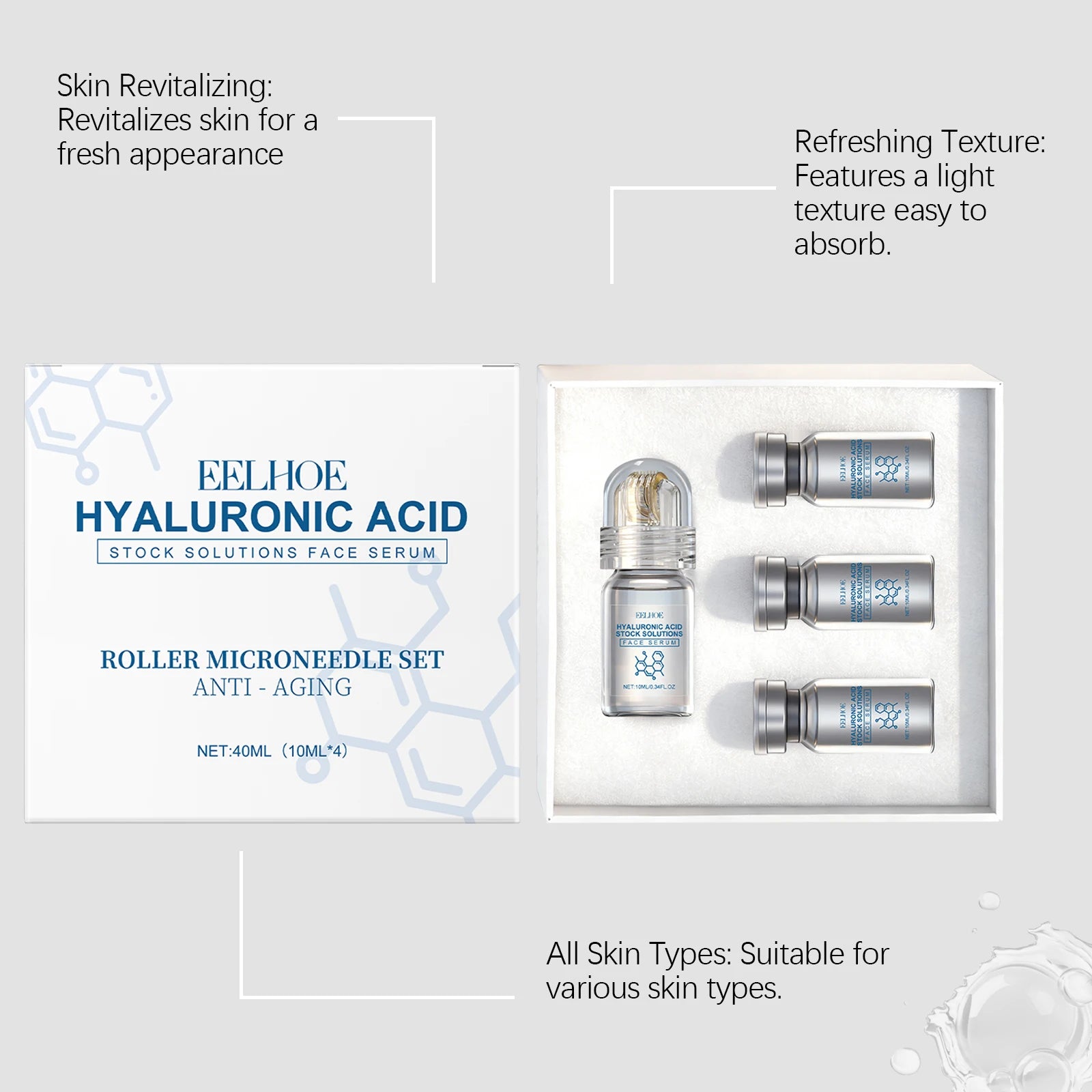 Hyaluronic Acid Stock Solutions Face Serum with Roller Microneedle Set Moisturizing Anti-Wrinkle Facial Serum Smoothing Refresh Oasis Select