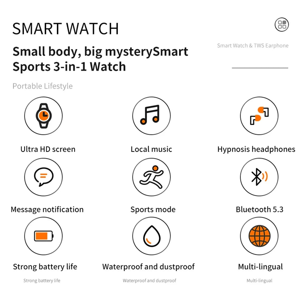 Smart Watch TWS Bluetooth Headset 2 In 1 Watches Men Women Music Play BT Call Smartwatch Waterproof Sports Modes Message Push Oasis Select