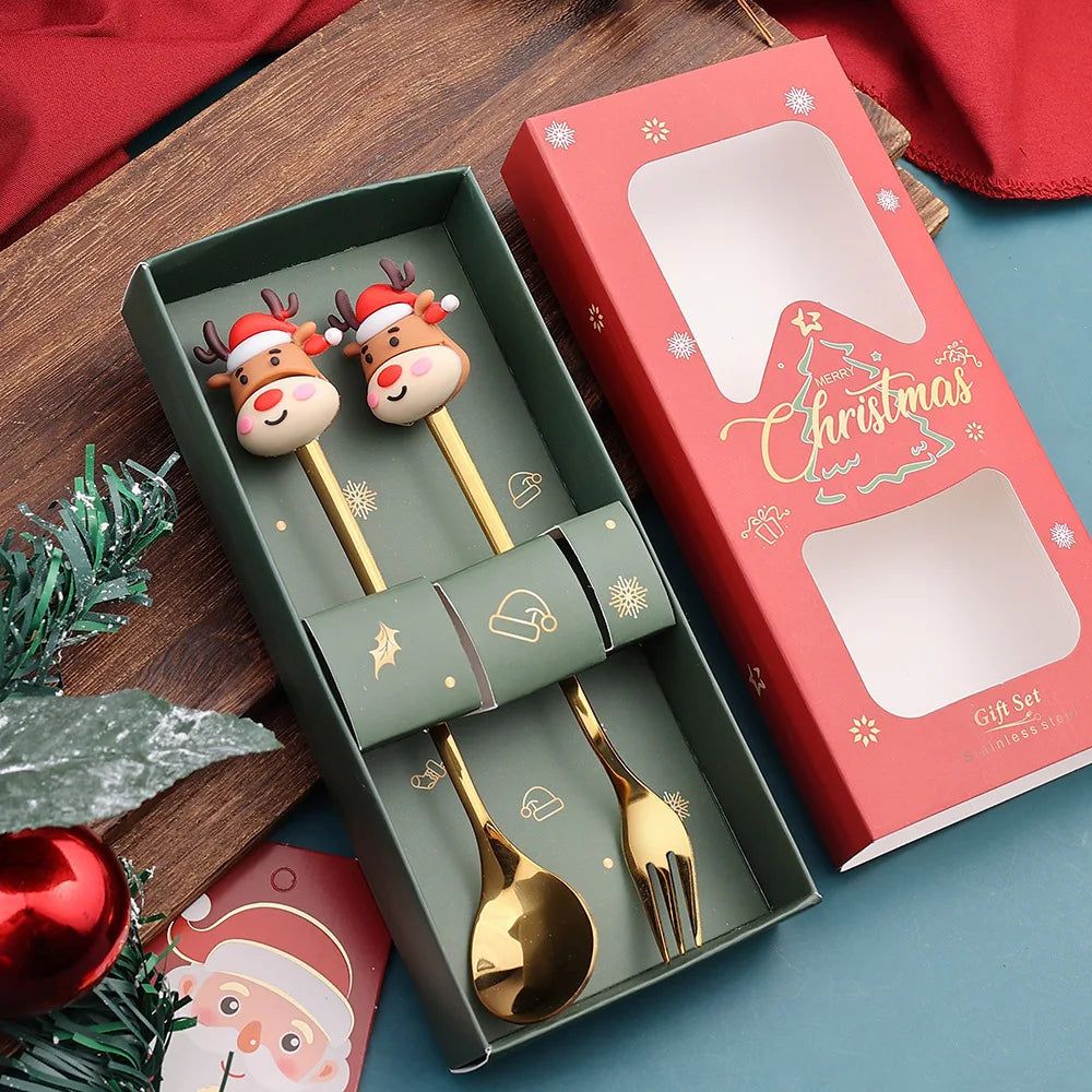 Christmas Spoon Set Santa Doll Cutlery Set Cute Dessert Spoons Holiday Tableware Two Piece Set for Christmas Gift Decoration Oasis Select