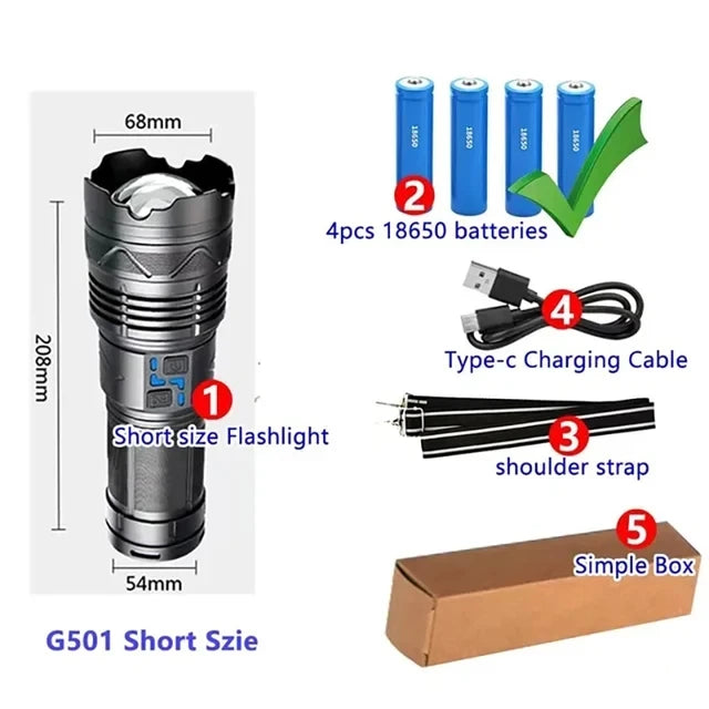20000LM Most Powerful LED Flashlight Super Bright Long Range Torch Type-C Charging Tactical Flashlight With Power Display Oasis Select SMALL with battery