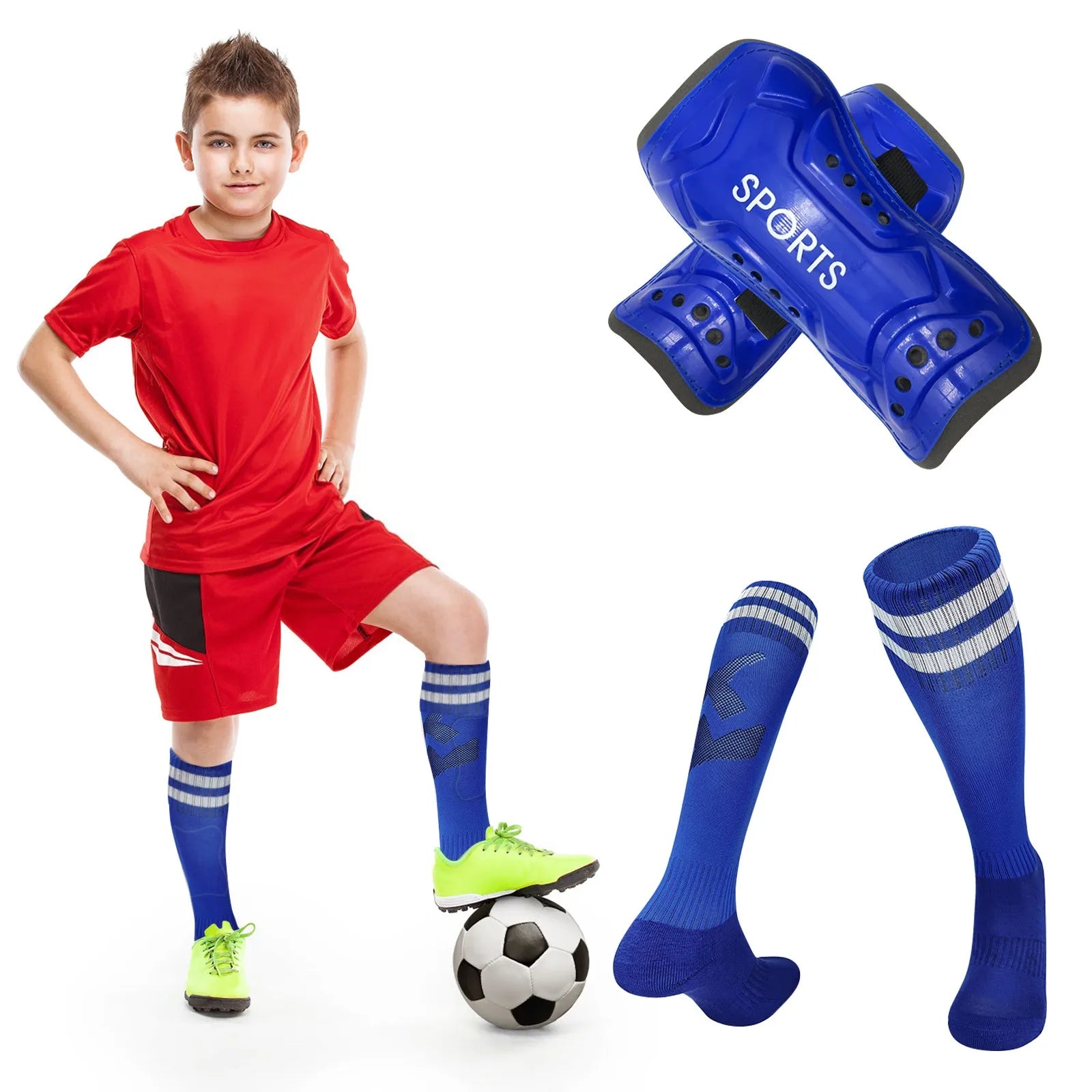 Kids Football Socks & Shin Guards Set – Anti-Slip Knee-High Kids Football Socks Set Oasis Select Blue M