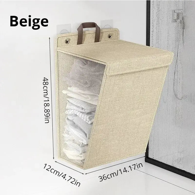 1pc Foldable Adhesive Laundry Basket Hamper, Multifunctional Punch Free Wall Hanging Washing Clothes Mesh Hook Organizer Oasis Select 1pc Beige Medium