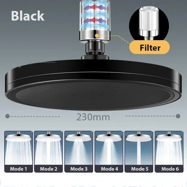New 6 Modes Big Panel Large Flow Supercharge Rainfall Shower Head High Pressure Top Rain Shower Faucet Bathroom Accessories Oasis Select Black with filter