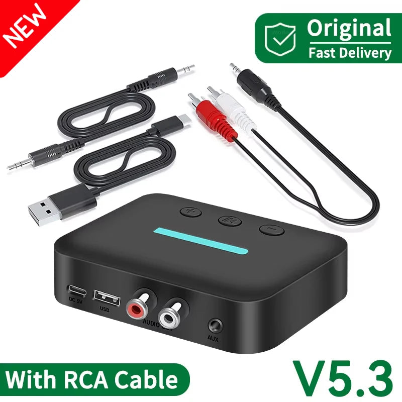 Bluetooth 5.3 Audio Receiver USB Wireless Adapter Stereo 3.5mm AUX/RCA Support U-Disk Playback For Desktop Speaker Amplifier Car Oasis Select (New) With RCA Cable