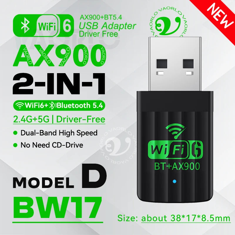 AX900 USB WiFi 6 Bluetooth 5.4 Adapter 2in1 Dongle Dual Band 2.4G&5GHz Network Wireless Receiver DRIVER FREE For Windows 10/11 Oasis Select AX900 BW17