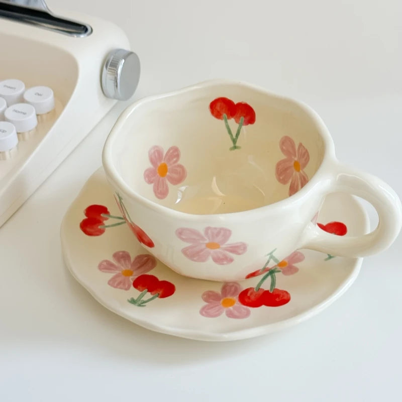 Ceramic Mugs Cute Hand Pinched Irregular Flower Heart Pattern Coffee Cup Ins Style Drinkware Kitchen Breakfast Milk Tea Cups Oasis Select Pink-cherry 300ml